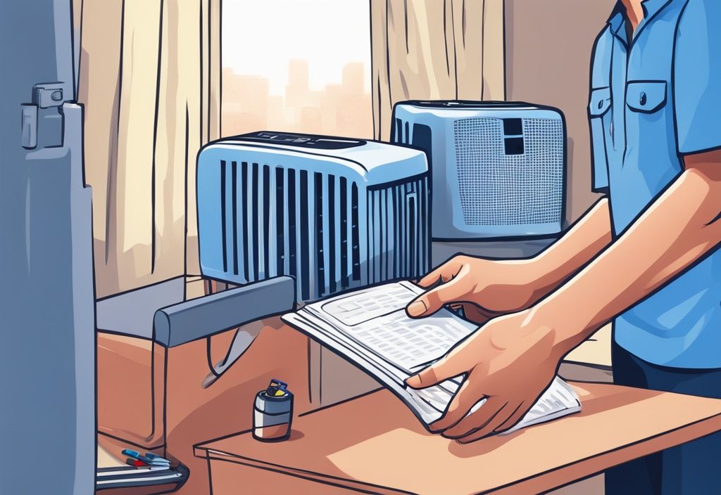 Hands holding user manual with reset instructions for portable air conditioner, blue-themed digital illustration, air conditioner unit in background