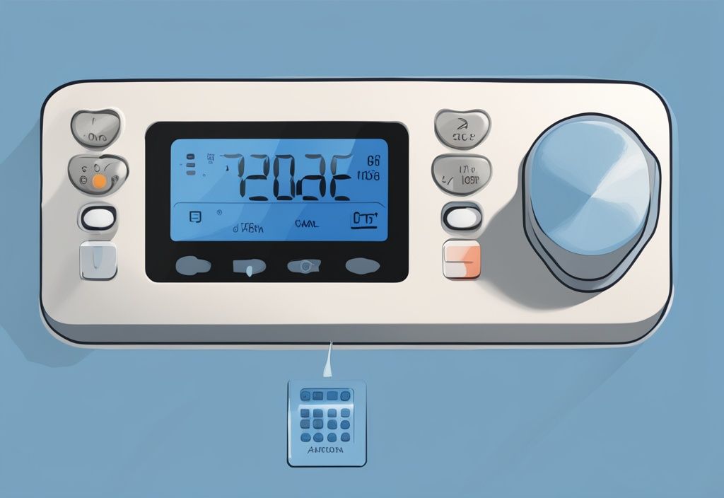 Modern digital painting of a blue-themed Friedrich air conditioner remote control, well-lit with clearly visible and annotated symbols.