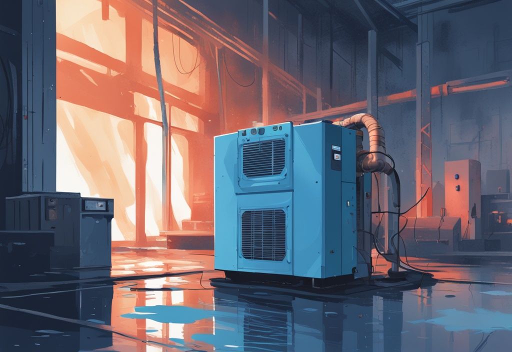 Modern digital painting of an industrial dehumidifier in a damp setting, absorbing moisture; dehum meaning moisture removal.