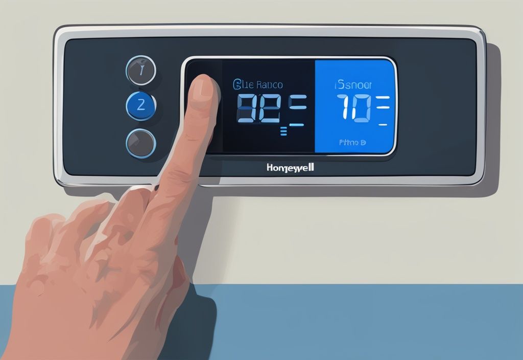 Hands pressing buttons on a Honeywell thermostat panel, demonstrating how to reset Honeywell thermostat, in a modern digital painting with a blue color theme.