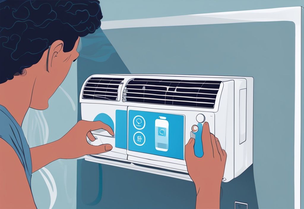 Hands performing reset procedure on GE air conditioner wifi module with smart device displaying app interface, how to reset GE air conditioner wifi.