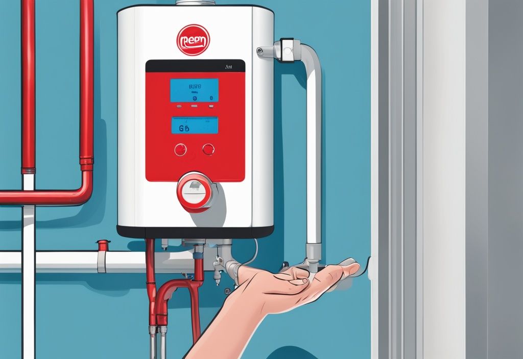 Modern digital painting of a blue-themed Rheem water heater with a hand pressing the red reset button