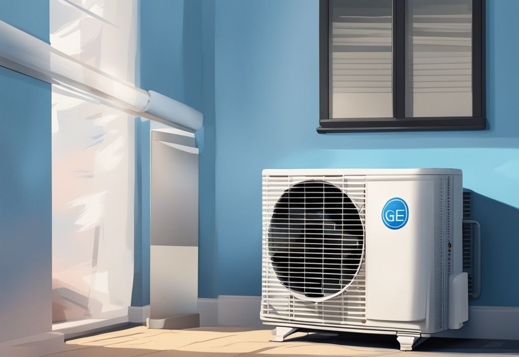 Modern digital painting of GE air conditioner with E8 error code on blue-themed background.