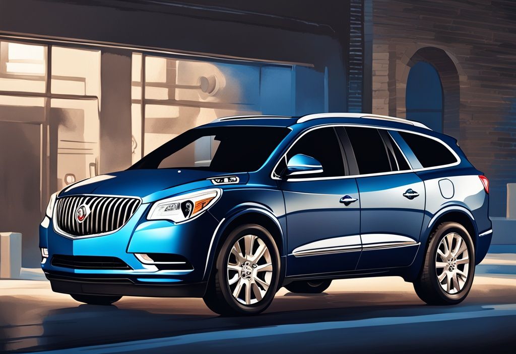 Modern digital painting of a blue Buick Enclave with hood open, detailed AC system view, and illuminated diagram showing AC reset button