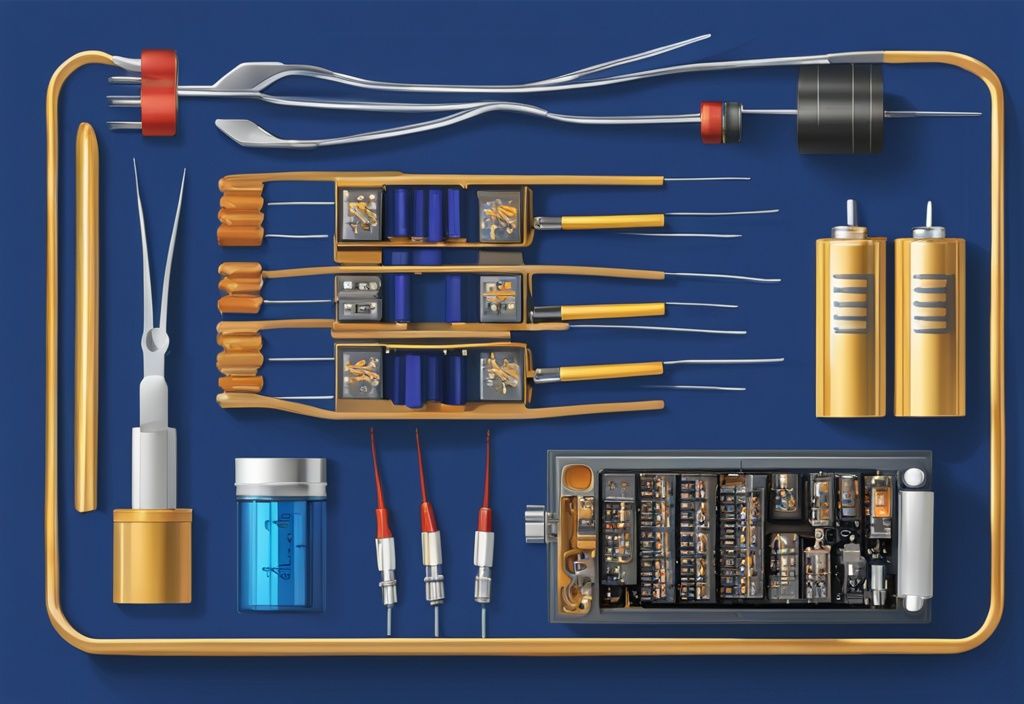 Modern digital painting of capacitors, resistor, and insulated tweezers in blue theme, illustrating safe capacitor discharge process.