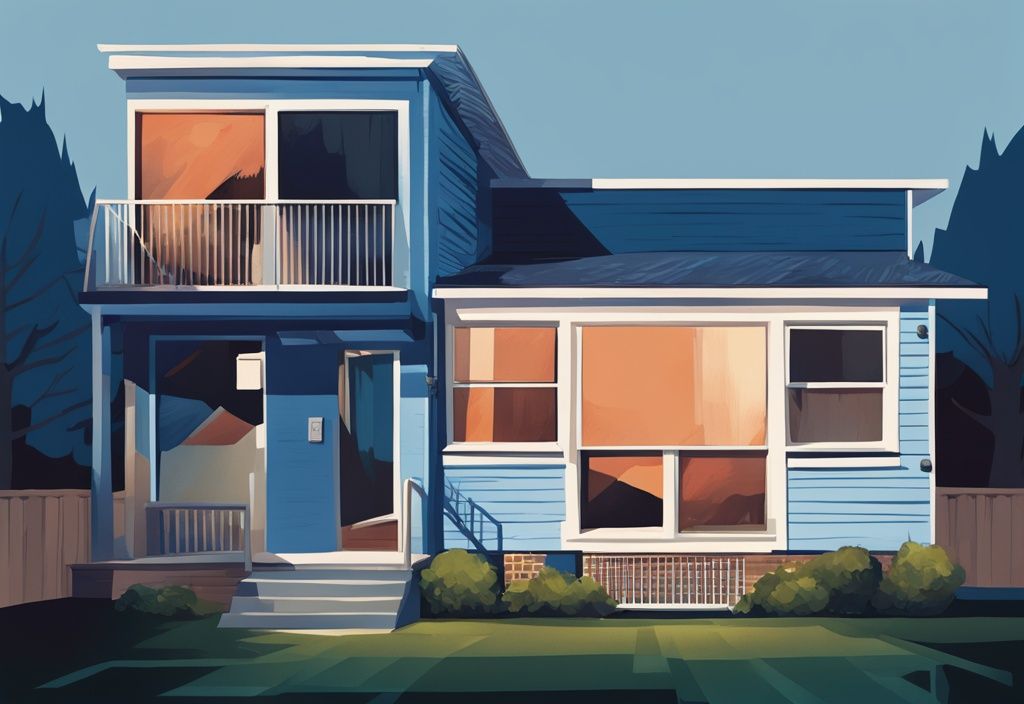 Modern digital painting of a suburban home with a basement window air conditioner in blue color theme.