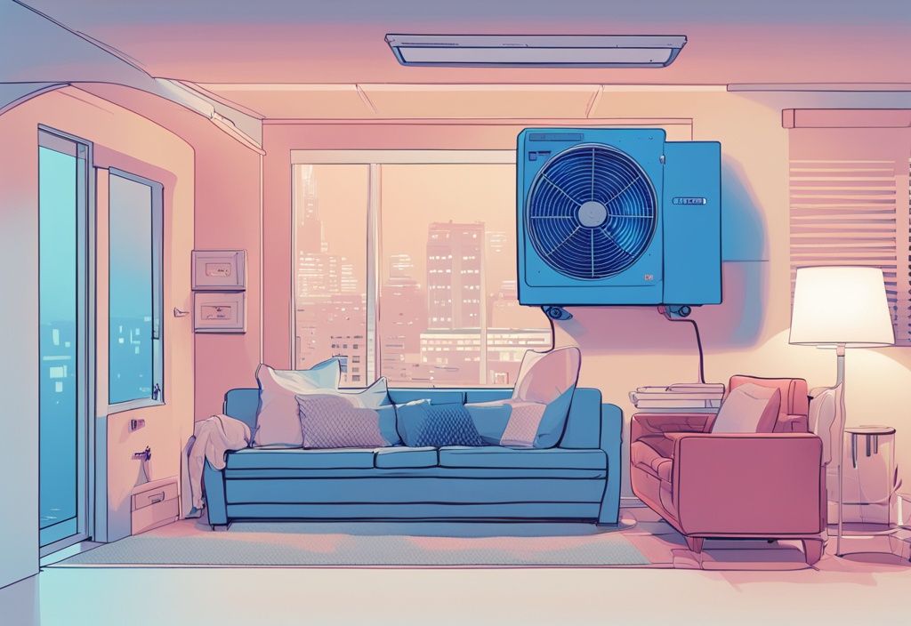 Modern digital painting of a blue-themed Fujitsu mini split air conditioning unit with illuminated internal components and error codes displayed nearby