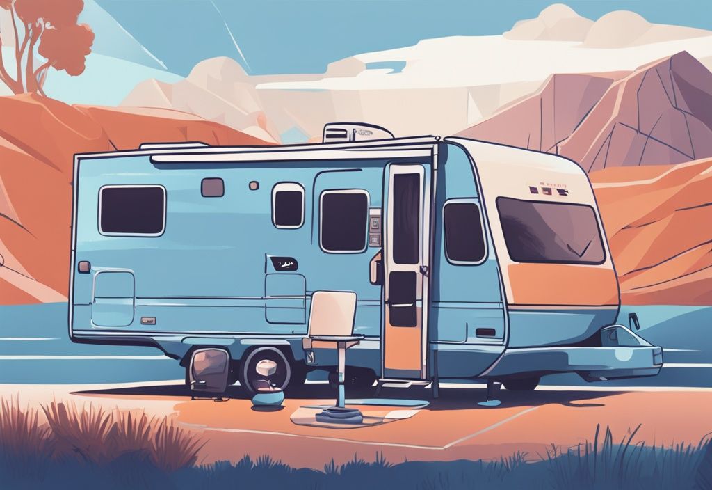 Modern digital painting of an RV parked in a picturesque location with a visible AC unit running, illustrating the concept of RV AC short cycling through a mirrored graphic cycle.