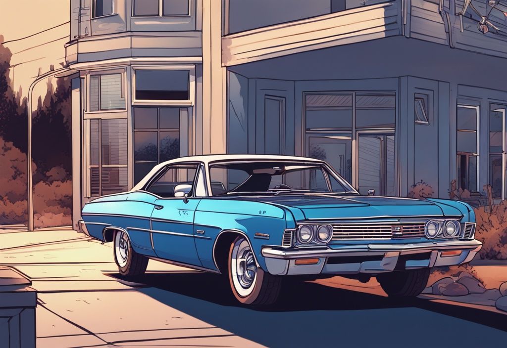 Modern digital painting of a blue Impala car with hood open showing hot engine and AC off setting illuminated through window.