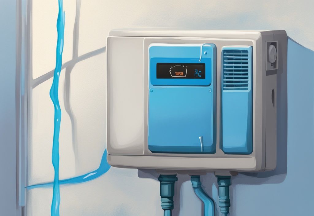 Close-up of a blue-themed digital painting of an AC unit with a tripped float switch and visible water level indicating a potential issue