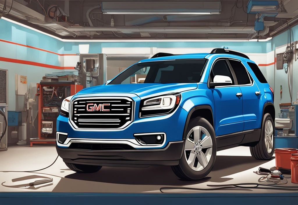 Modern digital painting of a mechanic inspecting the air conditioner system of a GMC Acadia with a recall notice in the foreground.