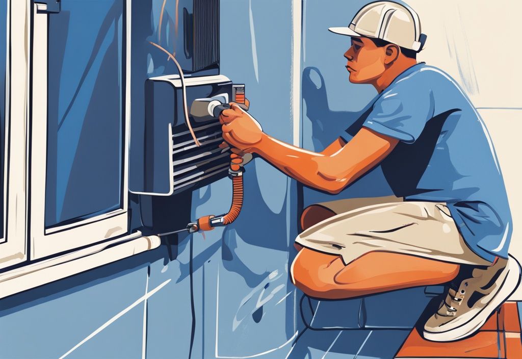 Digital painting of a person fixing an air conditioner pipe with a wrench, blue color theme