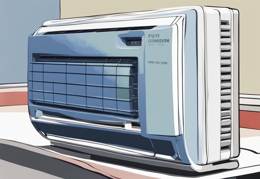 Modern digital painting of Fujitsu mini split air conditioner displaying error code with list of Fujitsu mini split error codes in the background.