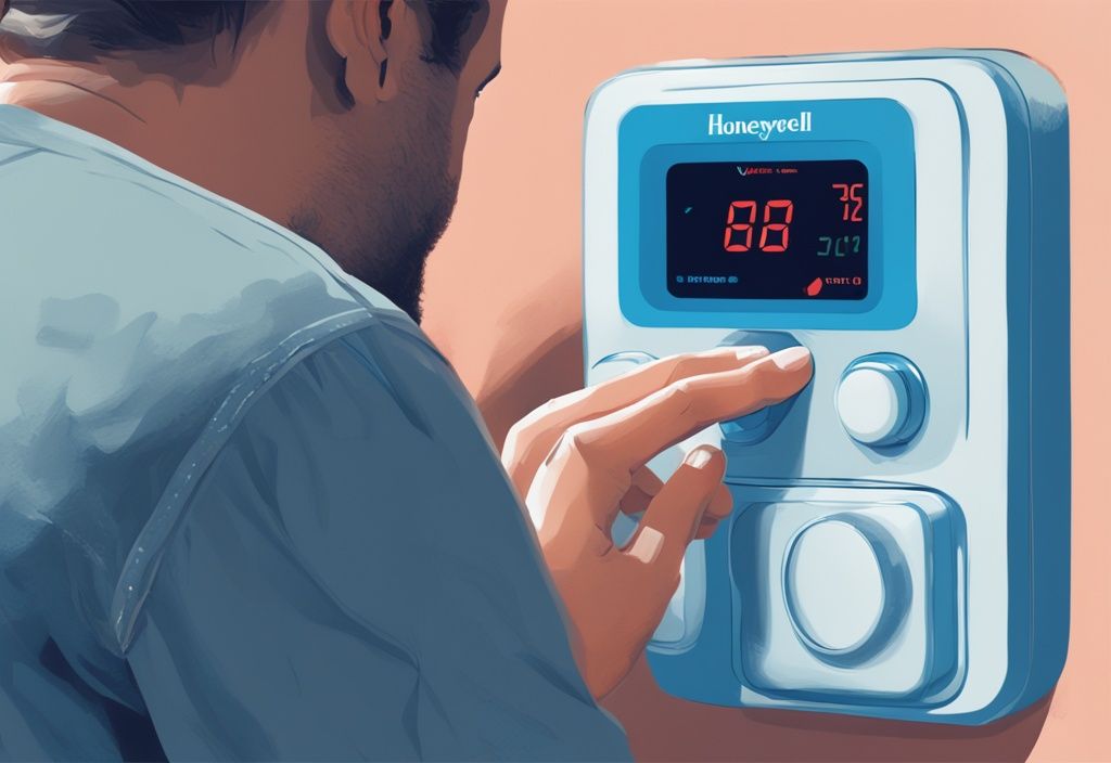 Modern digital painting of hands resetting a Honeywell thermostat, blue color theme.