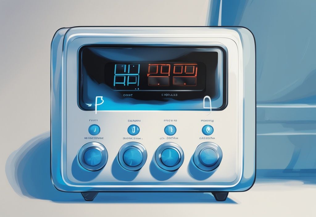 Modern digital painting illustration showing how to reset portable air conditioner with focus on control panel sequence of buttons, main color theme blue.