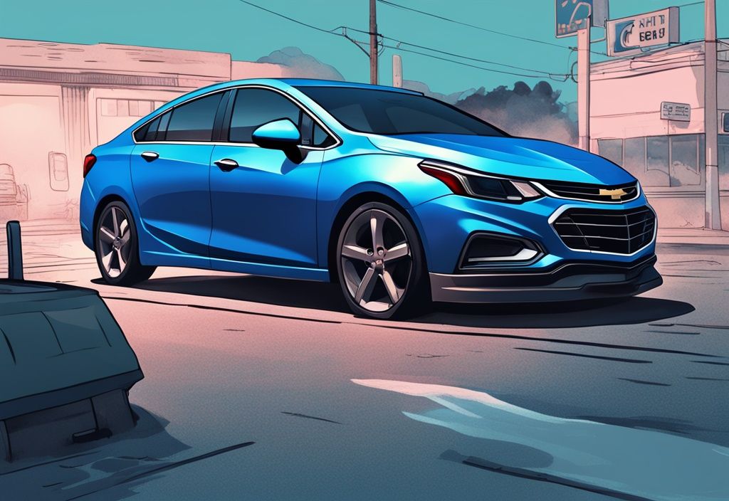 Modern digital painting of a Chevy Cruze with open hood emitting steam, driver perplexed by AC controls, ac off due to high engine temp chevy cruze.