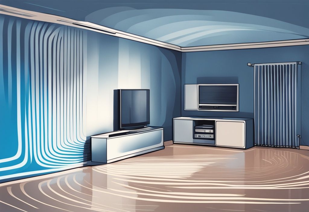 Digital painting of split AC indoor unit making noise with exaggerated sound waves in blue theme.