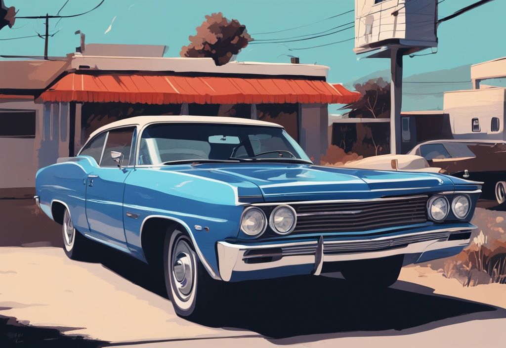 Modern digital painting of a blue Impala car with the hood open, engine hot AC off Impala but not overheating.