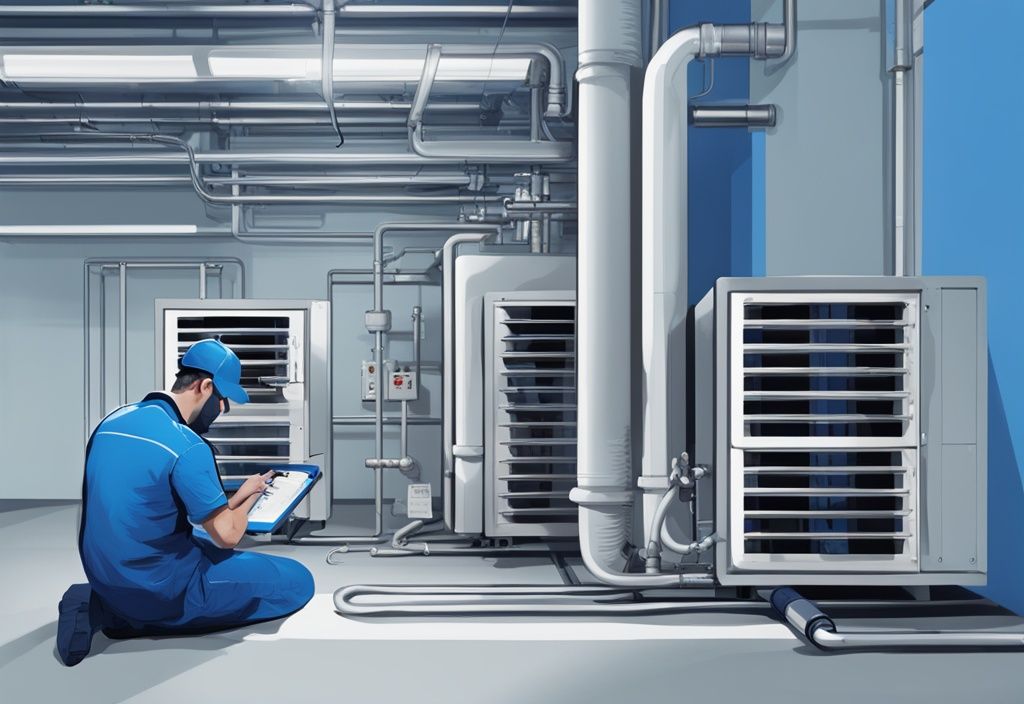 HVAC technician analyzing data on clipboard with Ruud HVAC unit in background, modern digital painting, blue color theme