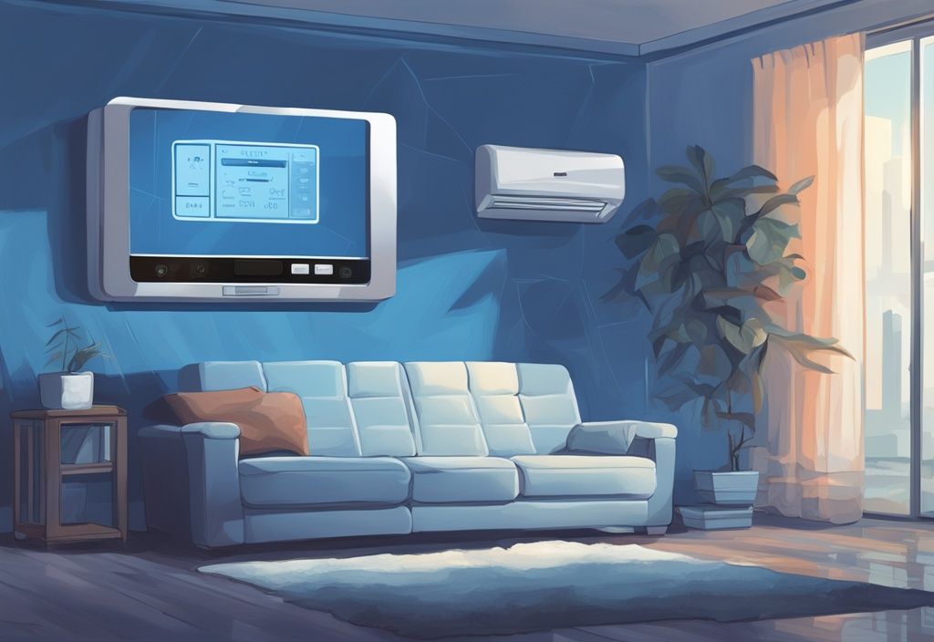 Modern digital painting illustration of a Friedrich air conditioner remote control with clearly labelled symbols and buttons, main color theme blue.