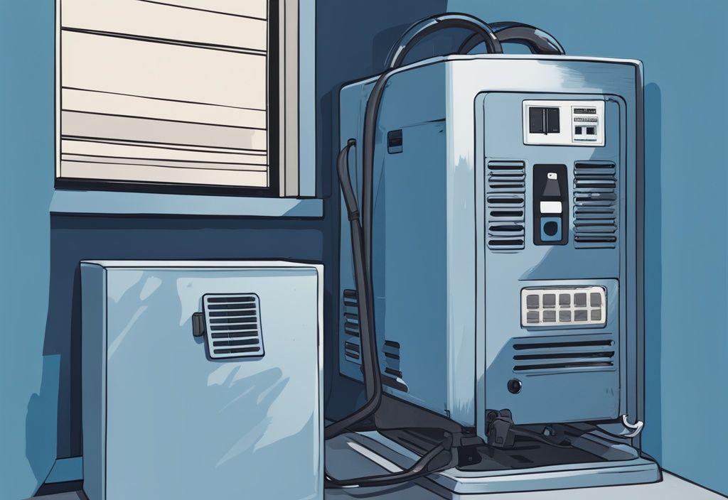 Modern digital painting of a portable AC unit with a tripped breaker switch, illustrating the issue of "my portable AC keeps tripping the breaker" with a blue color theme.