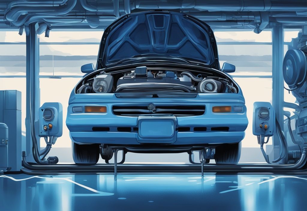 Modern digital illustration of a blue-themed automobile engine with illuminated air conditioning system and low oil level indicators.