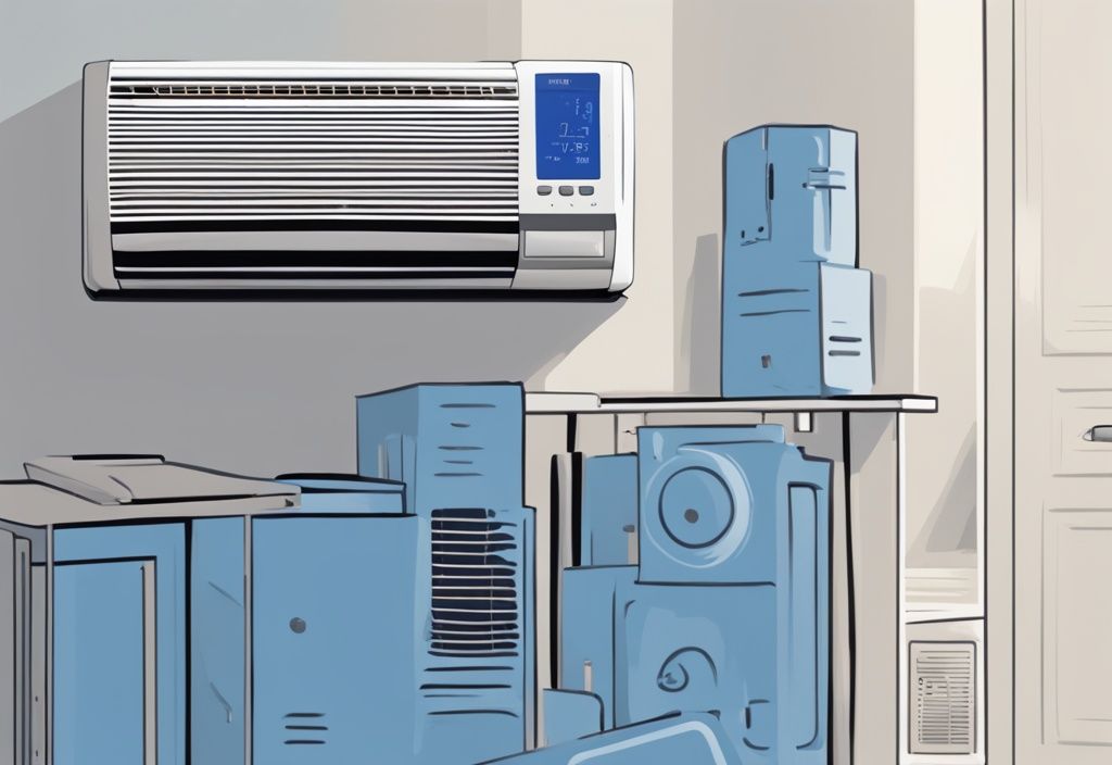 Modern digital painting of Senville air conditioner displaying PC 03 error code with user manual open to troubleshooting section, blue color theme.