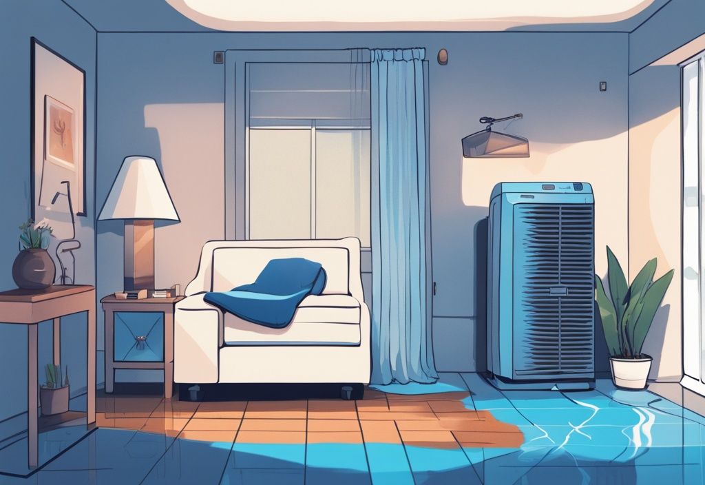 Modern digital painting of a portable AC leaking water in a domestic setting with blue color theme.