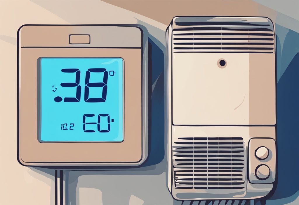 Modern digital painting of a thermostat showing temperature drop by 1 degree next to a working air conditioner, illustrating "how long should an ac run to drop 1 degree.