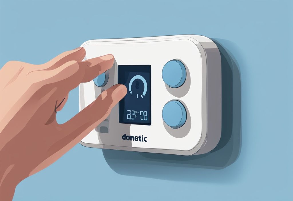 Close-up of hand pressing reset button on Dometic thermostat with step-by-step guide, modern digital painting in blue theme