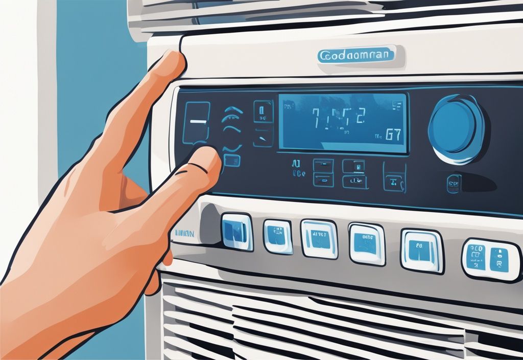 Modern digital painting of hands pressing reset button on Goodman air conditioner control panel, highlighting "How Do I Reset My Goodman Air Conditioner" in blue-themed contemporary style.