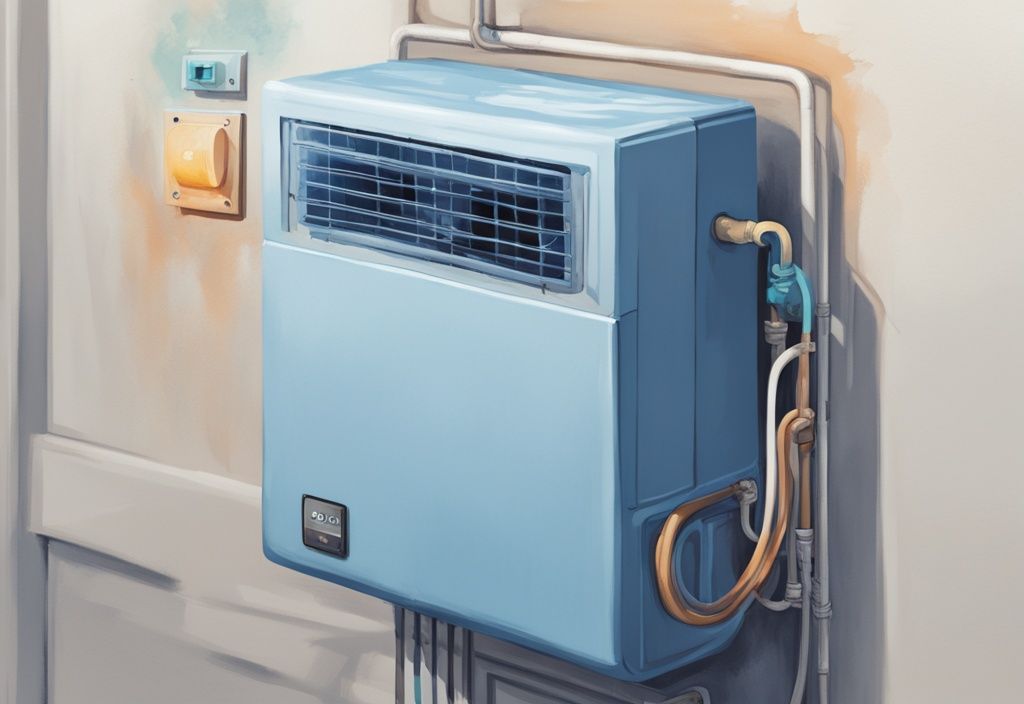 Close-up of a blue-themed digital painting illustrating an AC unit with a tripped float switch and visible water level indicating a potential issue.