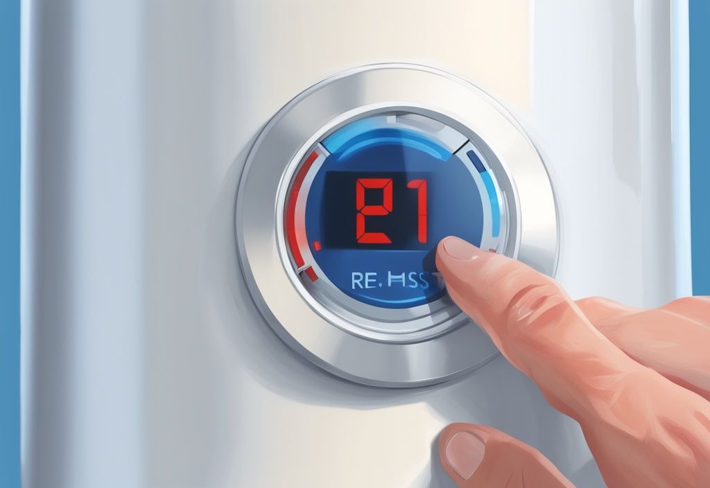 Close-up of a hand pressing the red Rheem reset button on a white Rheem water heater device, modern digital painting illustration, blue color theme