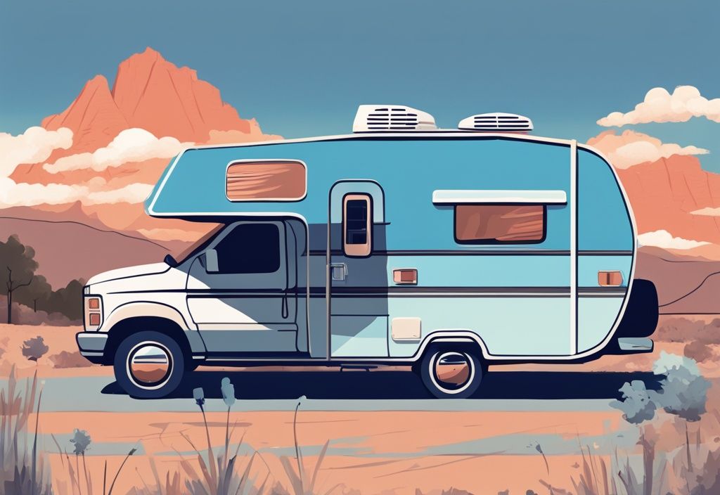 Modern digital painting of an RV parked in a picturesque location with a visible AC unit running, illustrating the concept of RV AC short cycling through a mirrored graphic of start, run, and shut-off cycle.