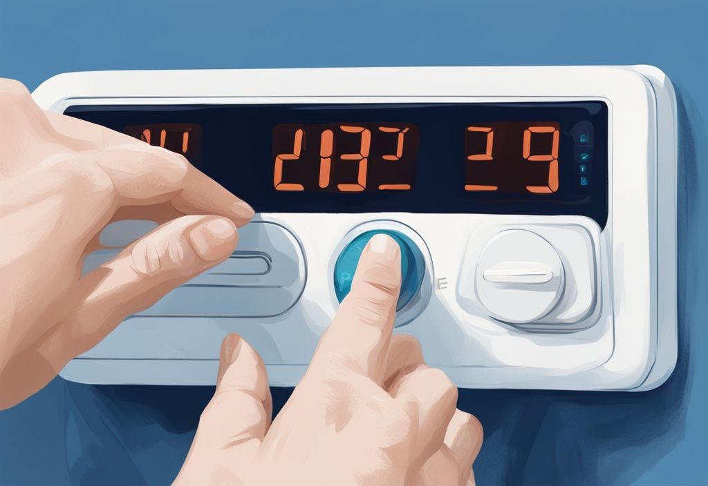 Hands holding Honeywell thermostat with finger pressing reset button, digital painting, blue theme