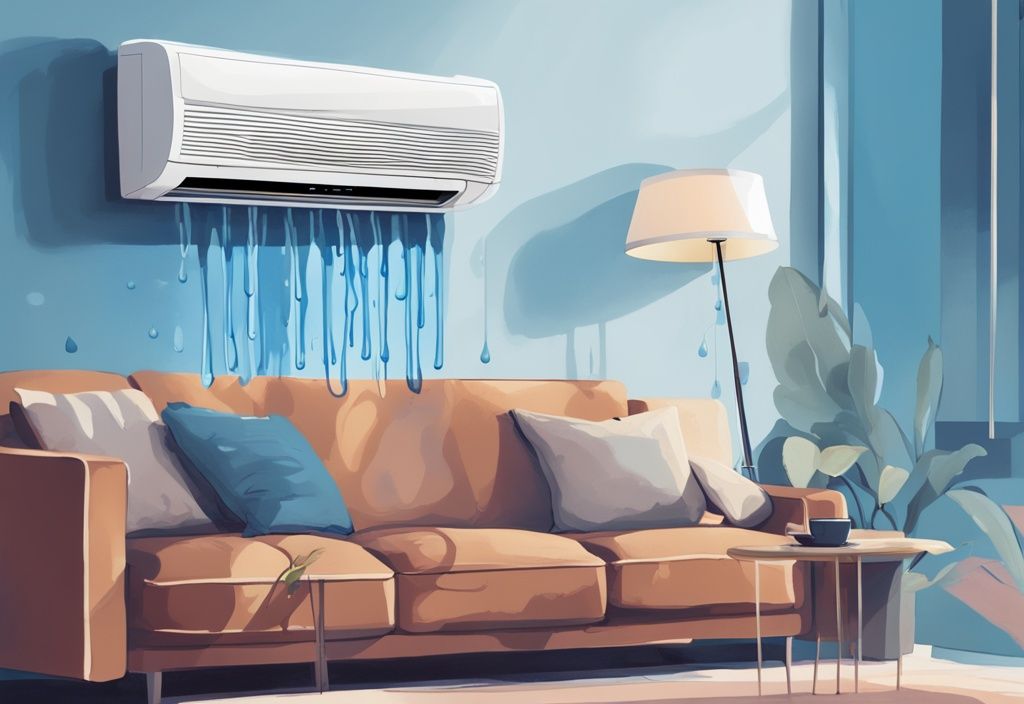 Modern digital painting of a blue-themed living room with a mini split air conditioner on the wall, showing water droplets trickling down.