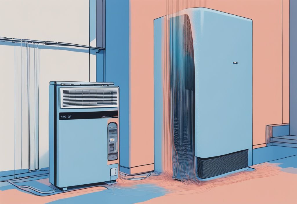 Modern digital painting of split AC unit with cover removed, revealing components and sound waves representing noise, blue color theme.