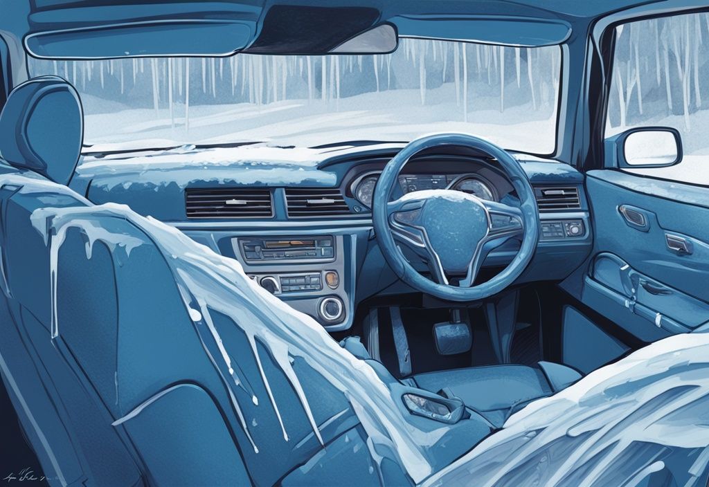 Modern digital painting of a car interior with frosty passenger side and warm driver's side, blue color theme.