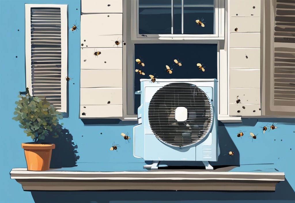 Modern digital painting of a blue-themed room with a window air conditioner and bees flying towards it.