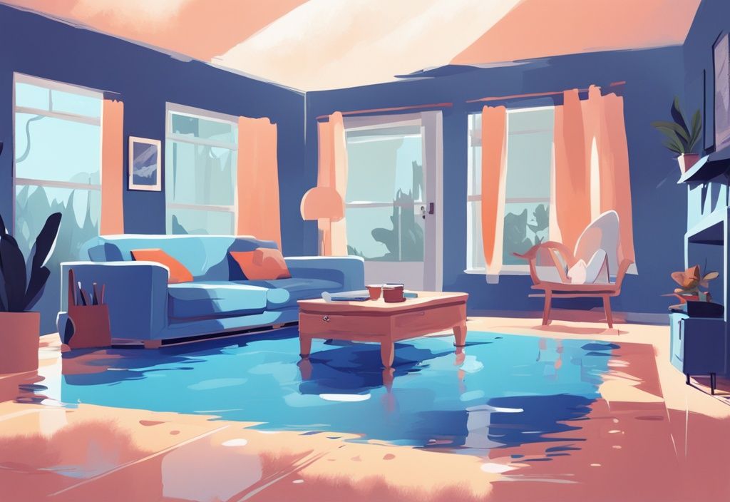 Modern digital painting of a blue-themed cozy living room with a portable AC unit and a small water puddle underneath.