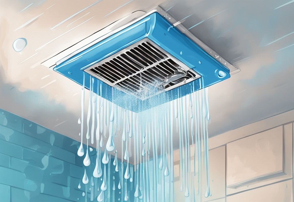 Modern digital painting of water dripping from AC vent in bathroom ceiling with blue color theme and water droplets.