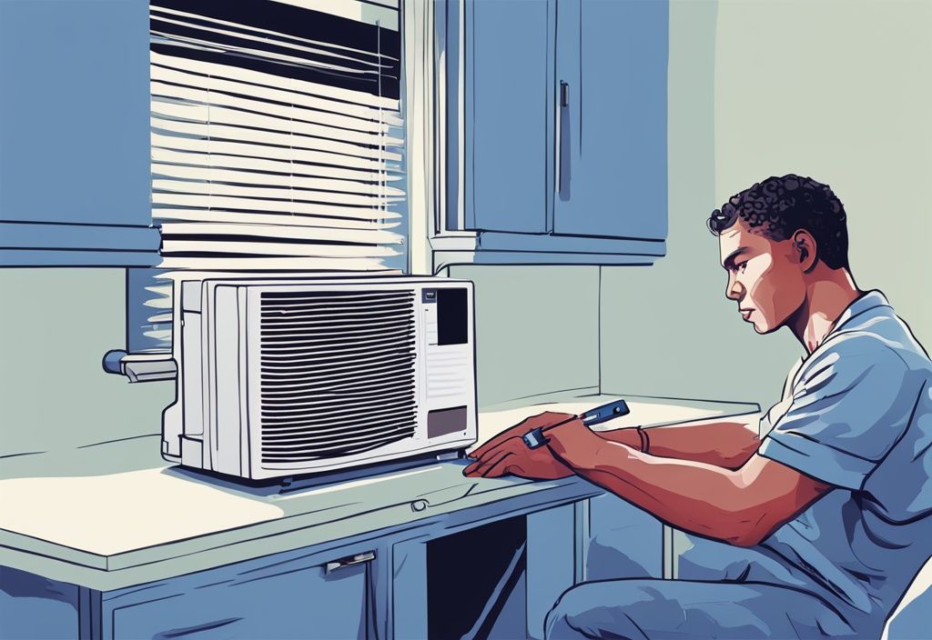 Modern digital painting of a person fixing E8 error code on window air conditioner with tools, blue color theme