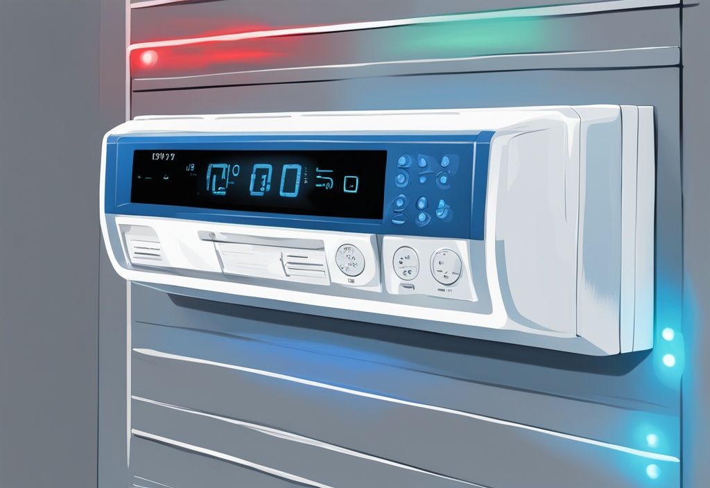 Modern digital painting illustration of a Fujitsu air conditioner control panel with different colored lights flashing, indicating specific fault codes; fujitsu fault codes flashing lights.