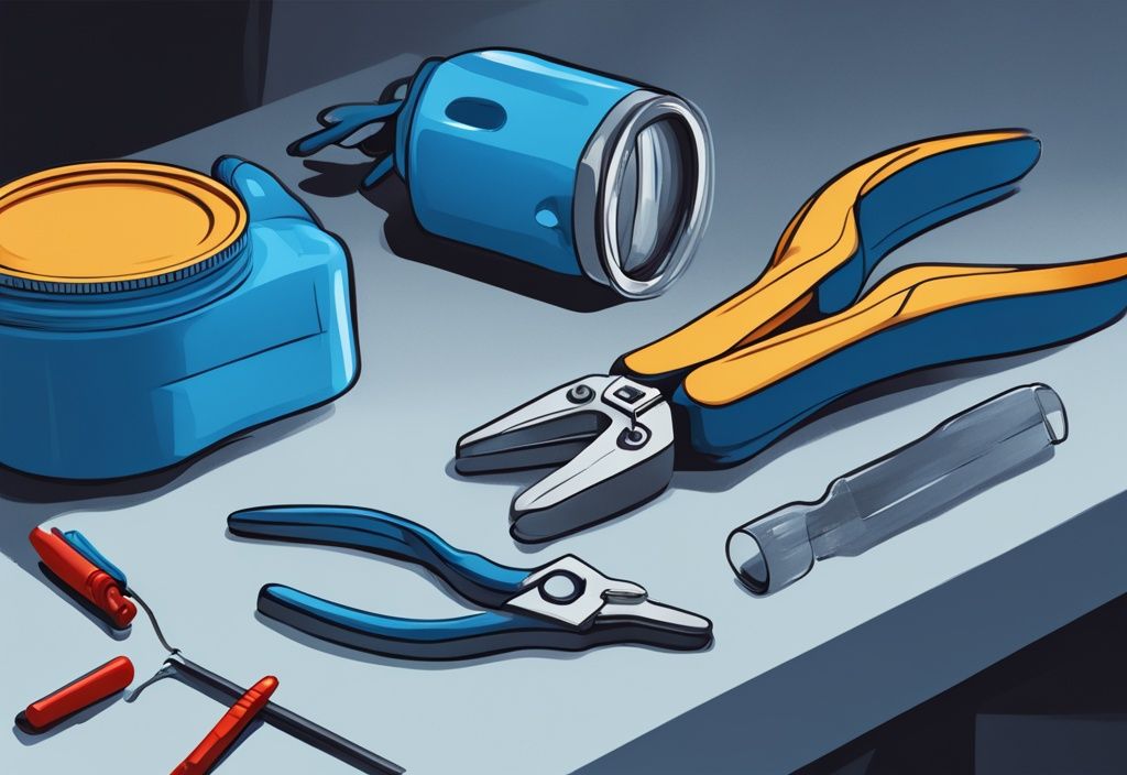 Modern digital painting illustration showing how to discharge a capacitor with insulated pliers, safety gloves, and goggles in blue color theme.