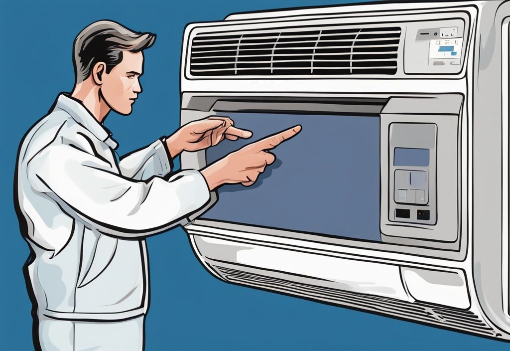 Modern digital painting of a technician pointing at a GE air conditioner displaying E8 error code.