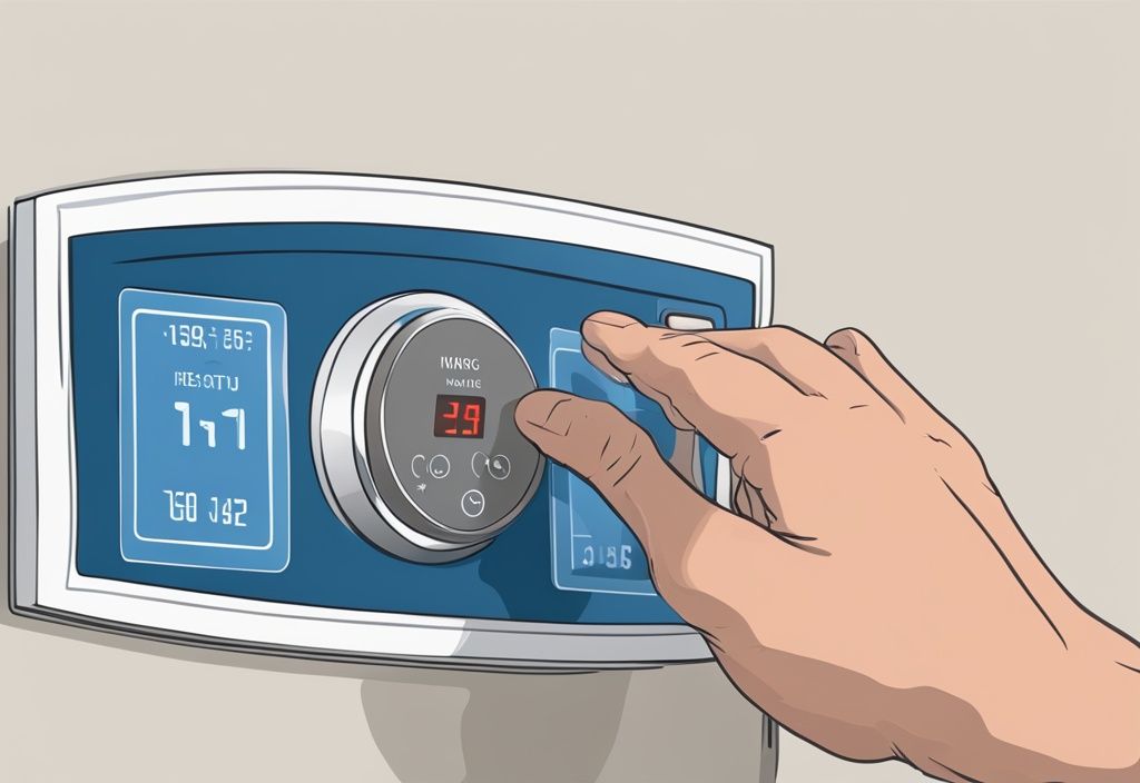 Close-up of hands professionally performing a Dometic thermostat reset with clear blue-themed digital painting and step-by-step instructions on LED display.