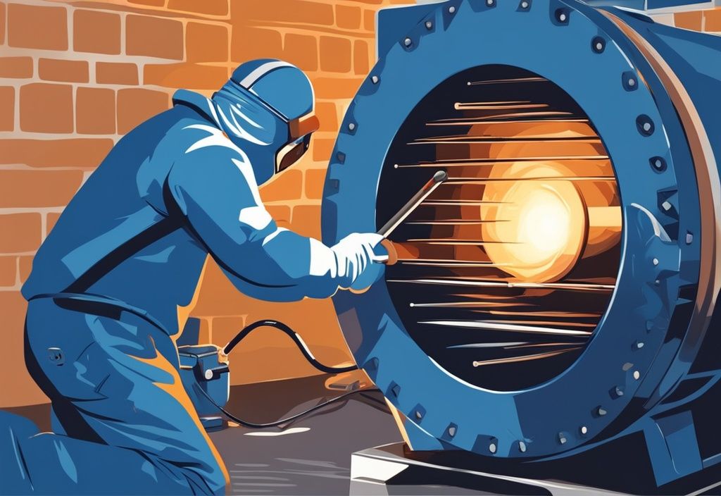 Hands in protective gloves cleaning a dusty furnace blower wheel with brush and vacuum inside furnace, modern digital painting, blue color theme.