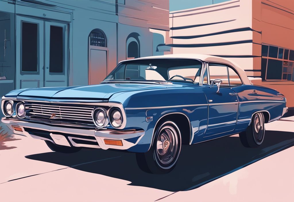 Modern digital painting of a blue Impala car with hood open revealing hot engine, AC settings visible through window showing off setting, no signs of overheating