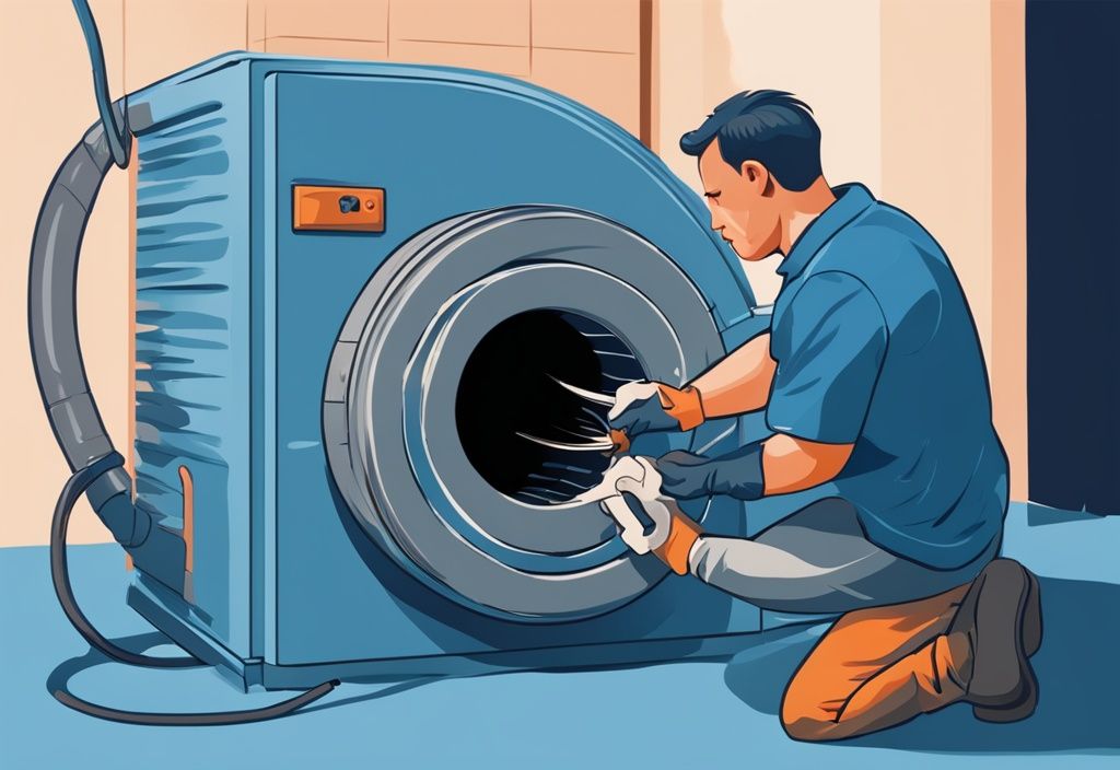 Modern digital painting of a person cleaning a furnace blower wheel with a brush, demonstrating how to clean furnace blower wheel without removing.