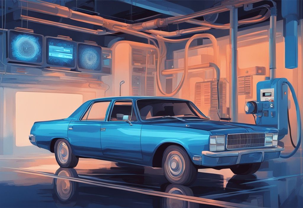 Modern digital painting of a blue-themed automobile engine highlighting air conditioning system and low oil level indicators.